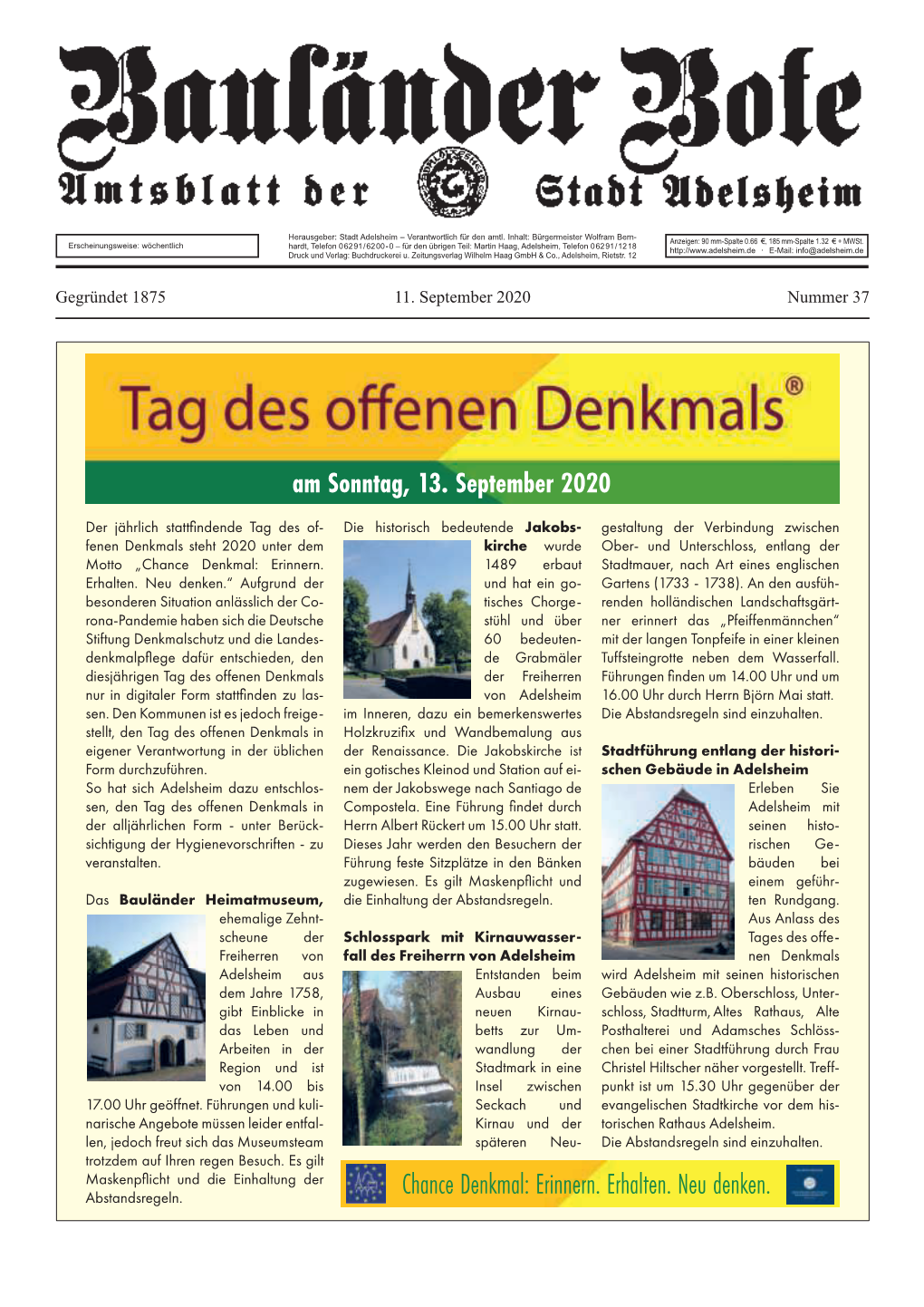 Am Sonntag, 13. September 2020 Chance Denkmal: Erinnern. Erhalten. Neu Denken