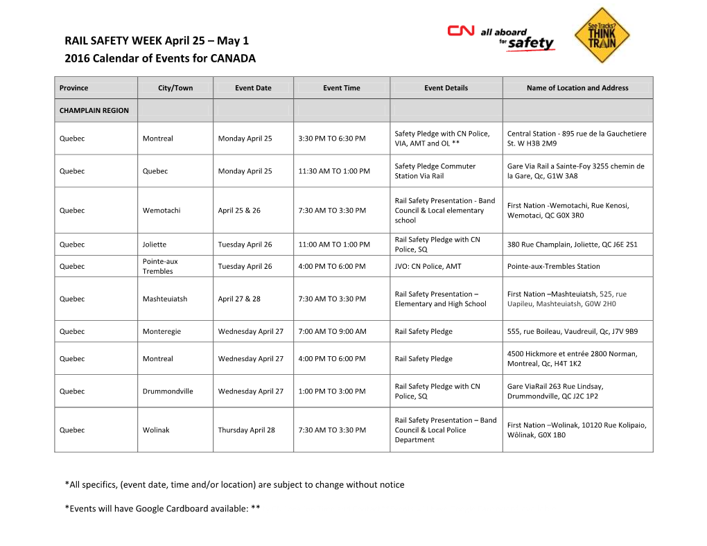 RAIL SAFETY WEEK April 25 – May 1 2016 Calendar of Events for CANADA