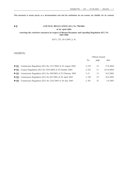 2004R0798 — EN — 03.08.2005 — 004.001 — 1 B COUNCIL REGULATION (EC) No 798/2004 of 26 April 2004 Renewing the Restric