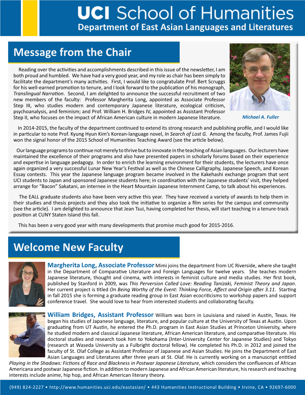 Message from the Chair Welcome New Faculty