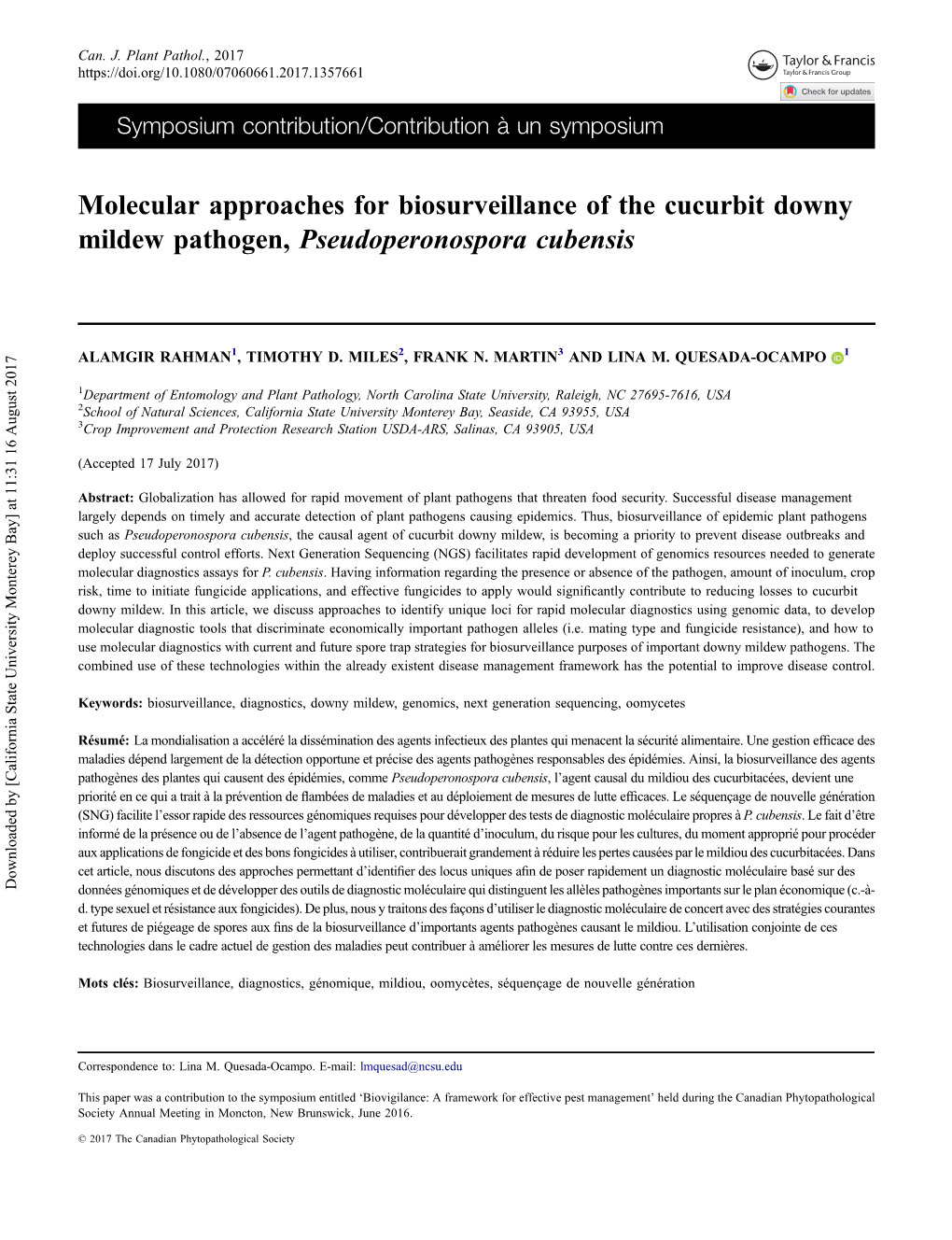 Molecular Approaches for Biosurveillance of the Cucurbit Downy Mildew Pathogen, Pseudoperonospora Cubensis