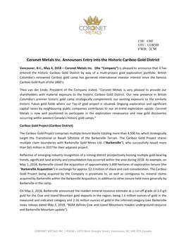 Coronet Metals Inc. Announces Entry Into the Historic Cariboo Gold District