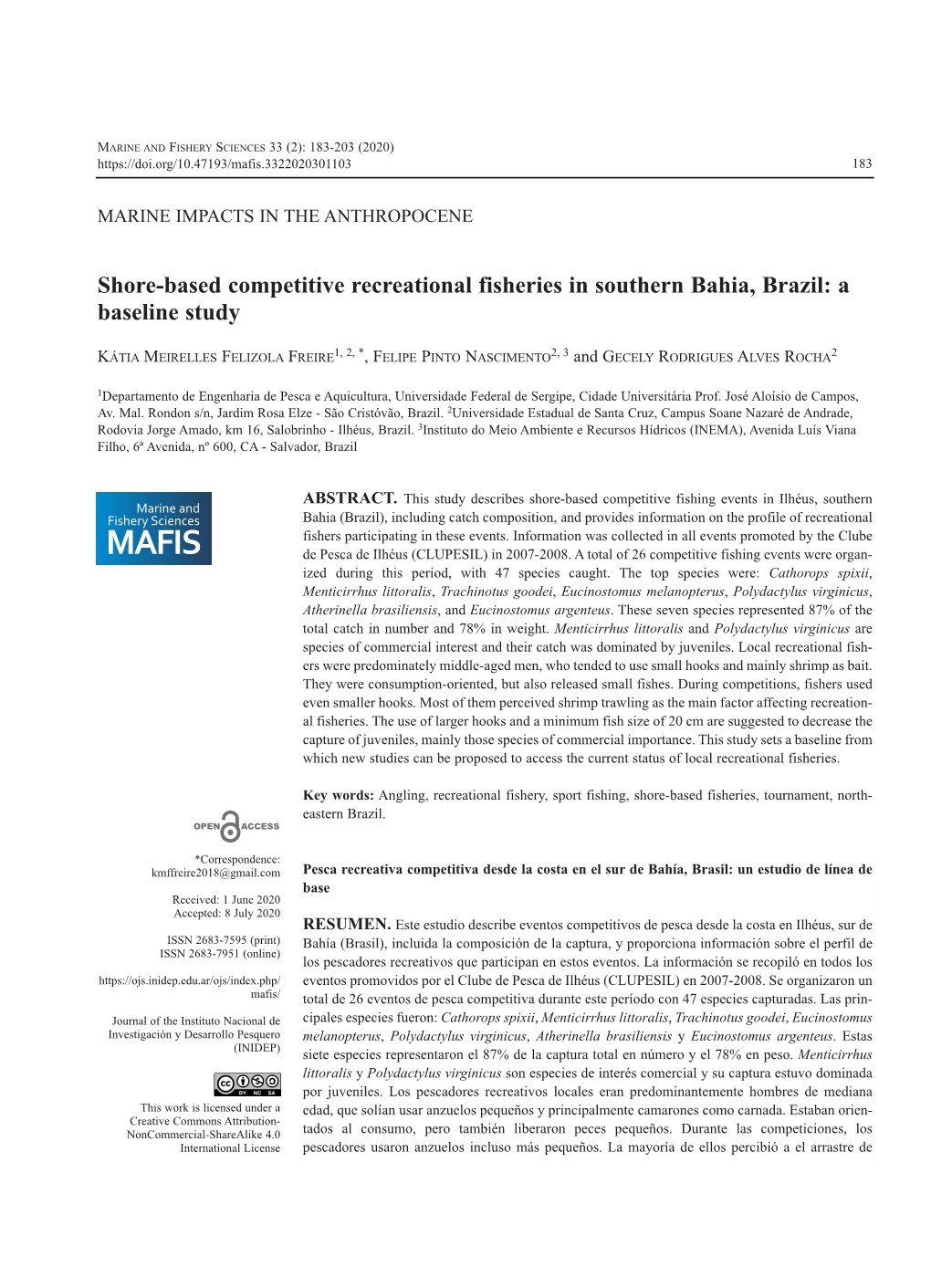 Shore-Based Competitive Recreational Fisheries in Southern Bahia, Brazil: a Baseline Study