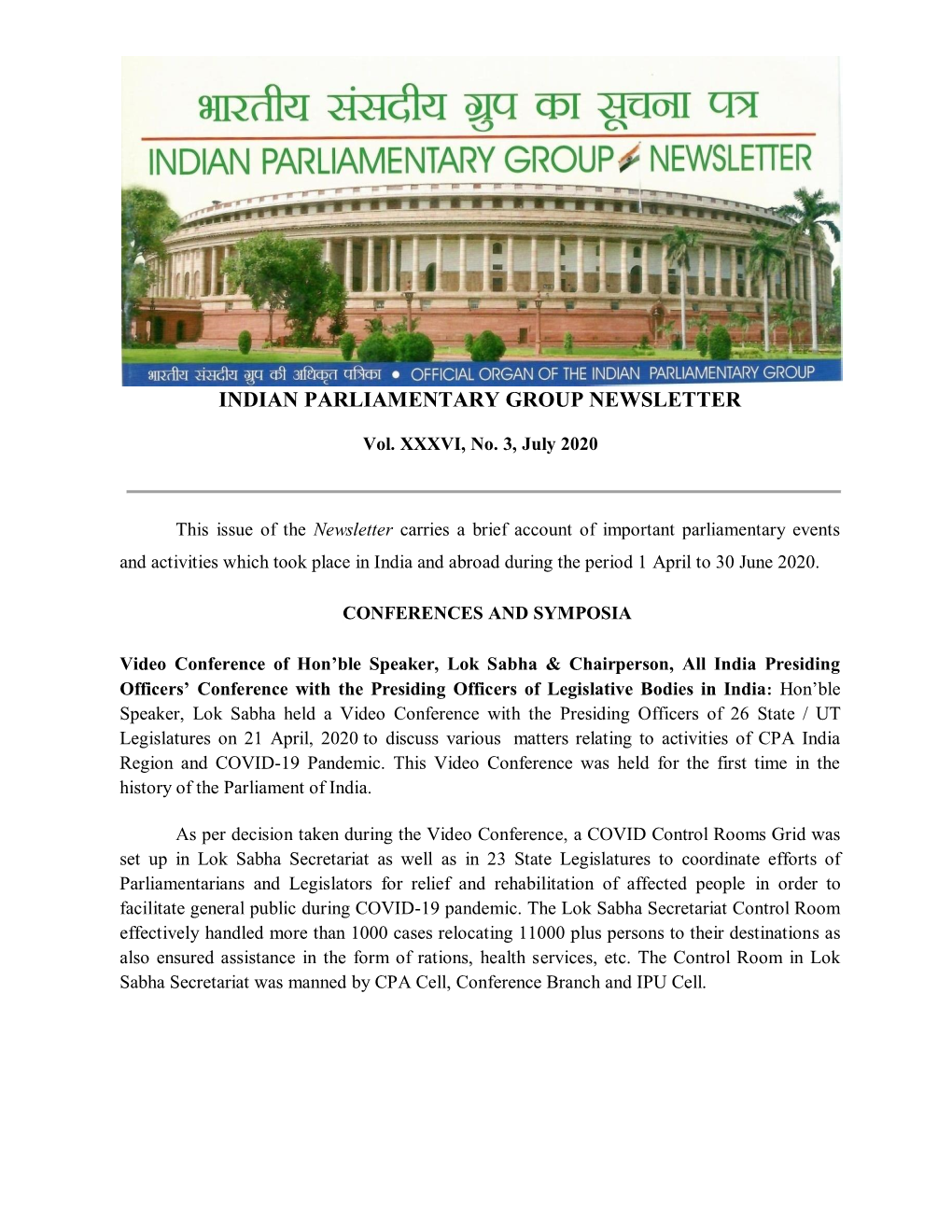 Indian Parliamentary Group Newsletter