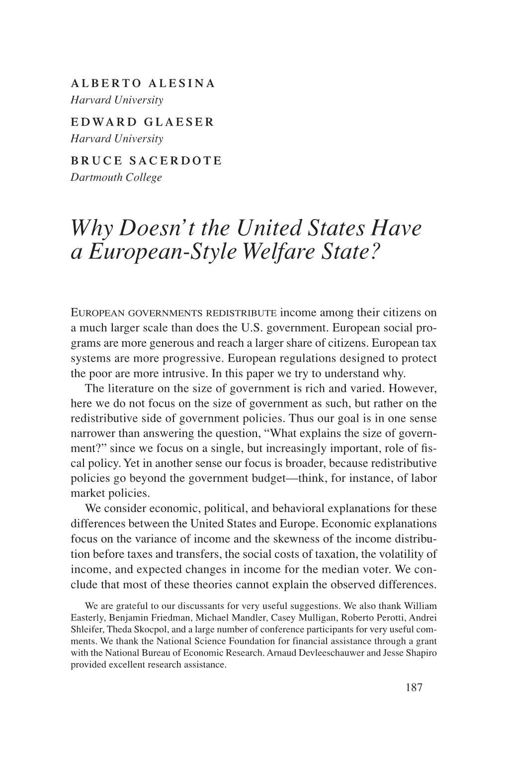 Why Doesn't the United States Have a European-Style Welfare State?