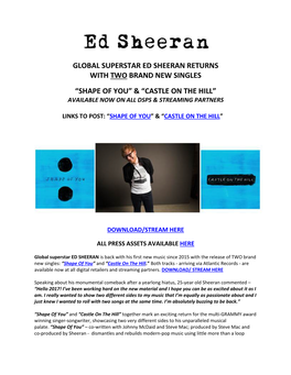 Global Superstar Ed Sheeran Returns with Two Brand New Singles “Shape of You” & “Castle on the Hill”