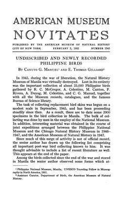 Novitates Published by the American Museum of Natural History City of New York February 3, 1952 Number 1545