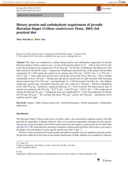 Dietary Protein and Carbohydrate Requirement of Juvenile Hawaiian Limpet (Cellana Sandwicensis Pease, 1861) Fed Practical Diet