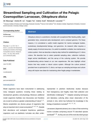 Streamlined Sampling and Cultivation of the Pelagic Cosmopolitan Larvacean, Oikopleura Dioica