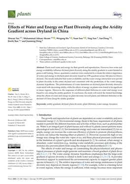 Effects of Water and Energy on Plant Diversity Along the Aridity Gradient Across Dryland in China