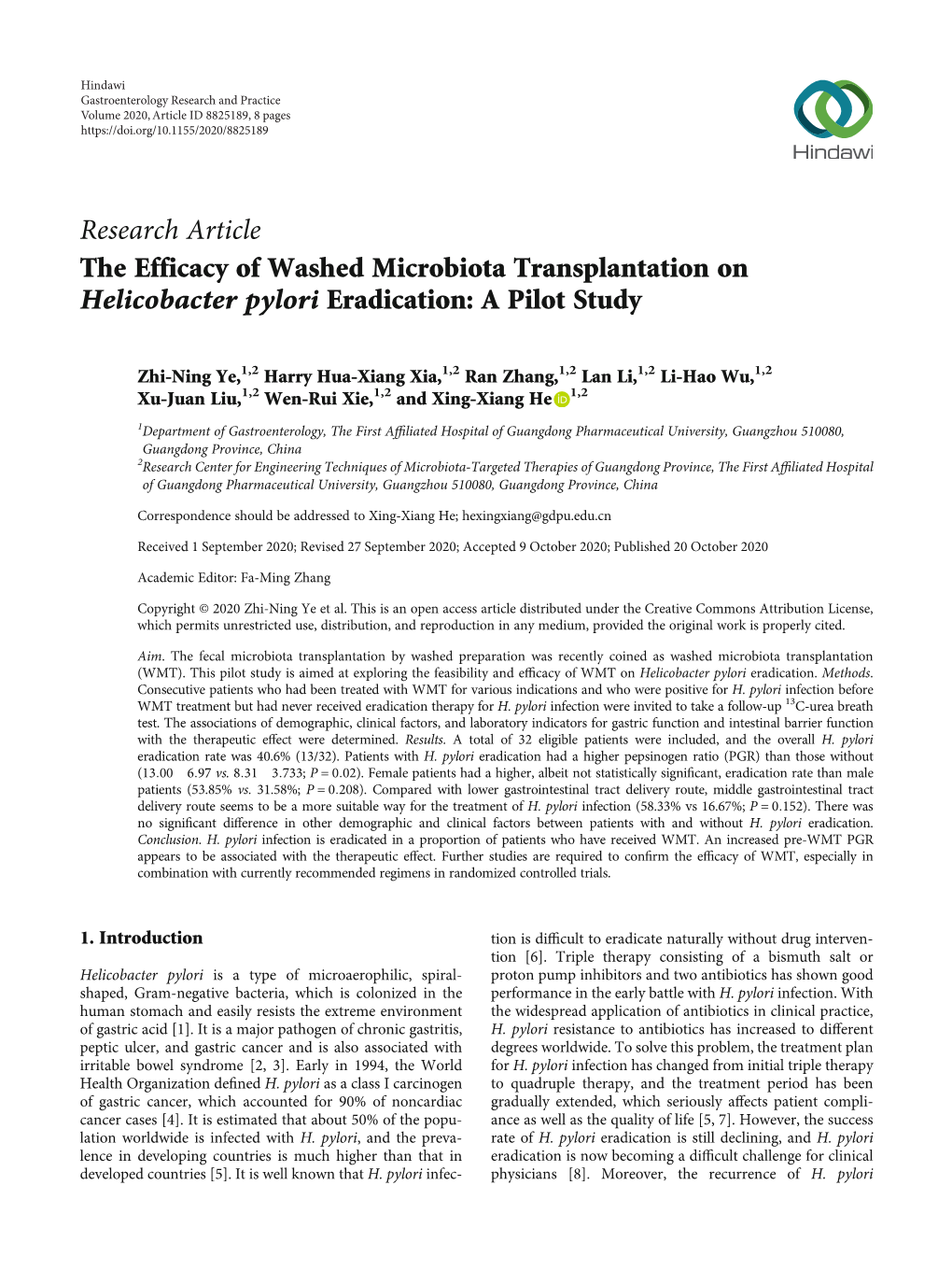 The Efficacy of Washed Microbiota Transplantation on Helicobacter Pylori Eradication: a Pilot Study