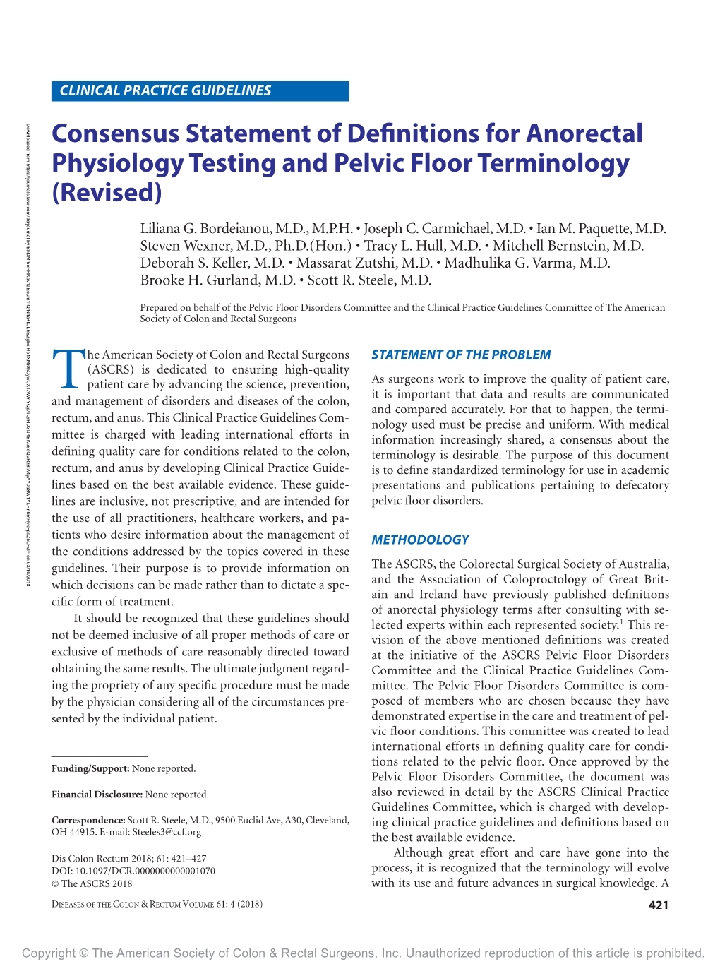 Consensus Statement of Definitions for Anorectal Physiology Testing