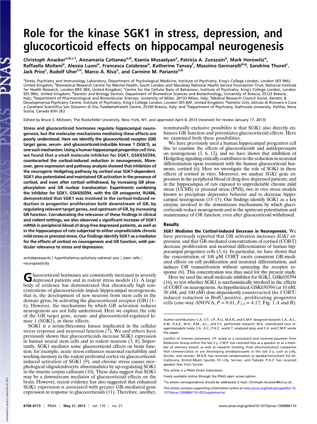 Role for the Kinase SGK1 in Stress, Depression, and Glucocorticoid Effects on Hippocampal Neurogenesis