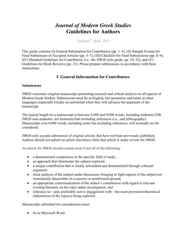 Journal of Modern Greek Studies Guidelines for Authors