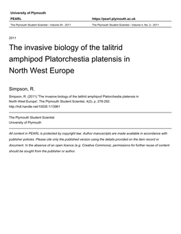 The Invasive Biology of the Talitrid Amphipod Platorchestia Platensis in North West Europe