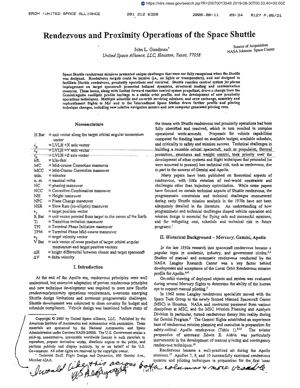 Rendezvous and Proximity Operations of the Space Shuttle Source of Acquisition John L