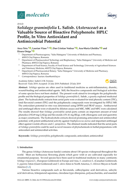 Solidago Graminifolia L. Salisb. (Asteraceae) As a Valuable Source of Bioactive Polyphenols: HPLC Proﬁle, in Vitro Antioxidant and Antimicrobial Potential