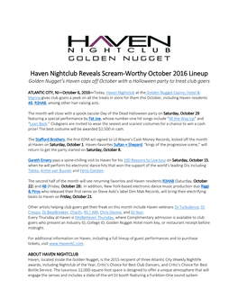 Haven Nightclub Reveals Scream-Worthy October 2016 Lineup Golden Nugget’S Haven Caps Off October with a Halloween Party to Treat Club Goers
