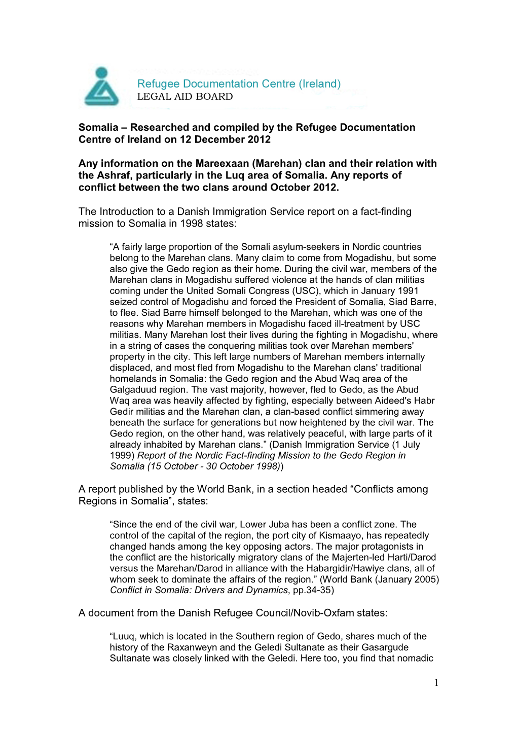 1 Somalia – Researched and Compiled by the Refugee