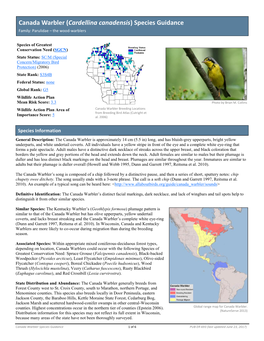 Canada Warbler (Cardellina Canadensis) Species Guidance Family: Parulidae – the Wood-Warblers