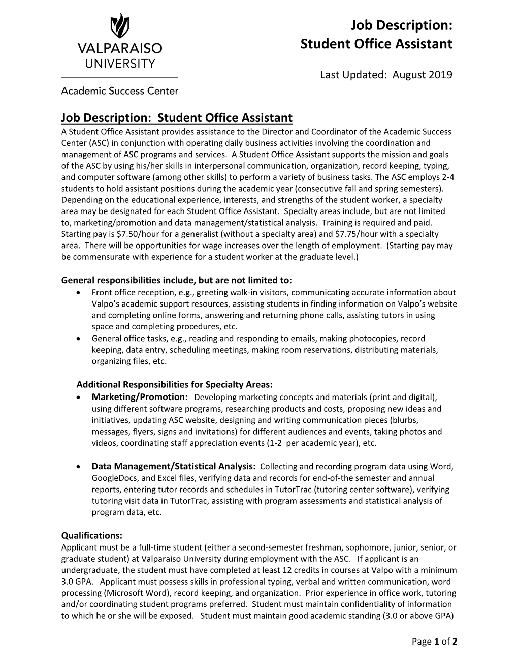 Job Description: Student Office Assistant
