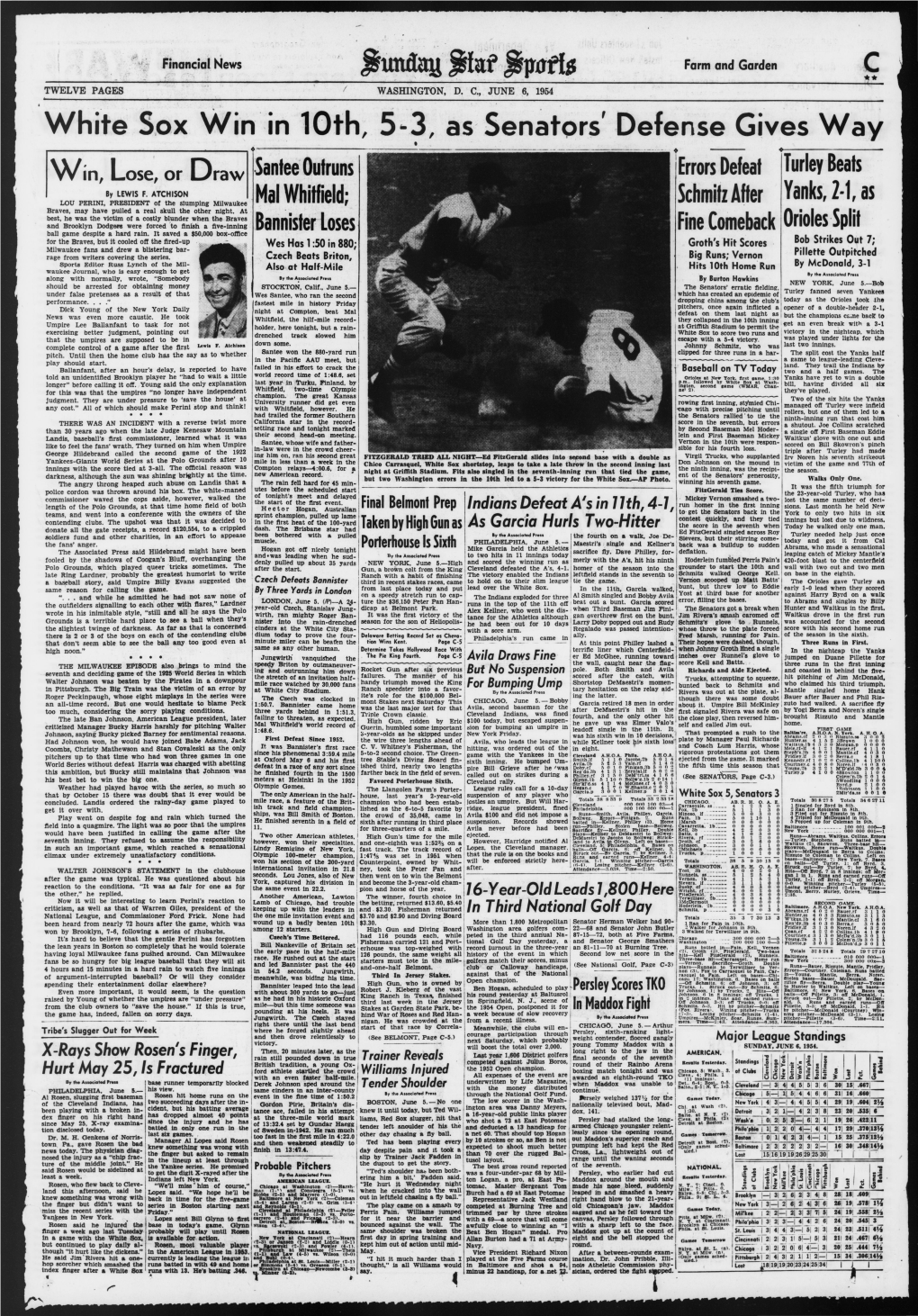 White Sox Win in 10Th, 5-3, As Senators' Defense Gives Way 4 Turley W In, Lose, Or Draw Santee Outruns Errors Defeat Beats by LEWIS F