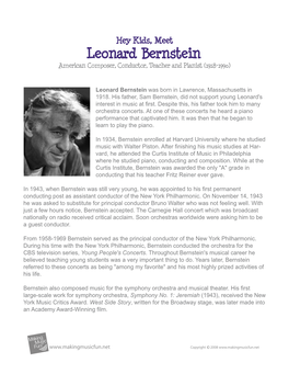 Leonard Bernstein American Composer, Conductor, Teacher and Pianist (1918-1990)