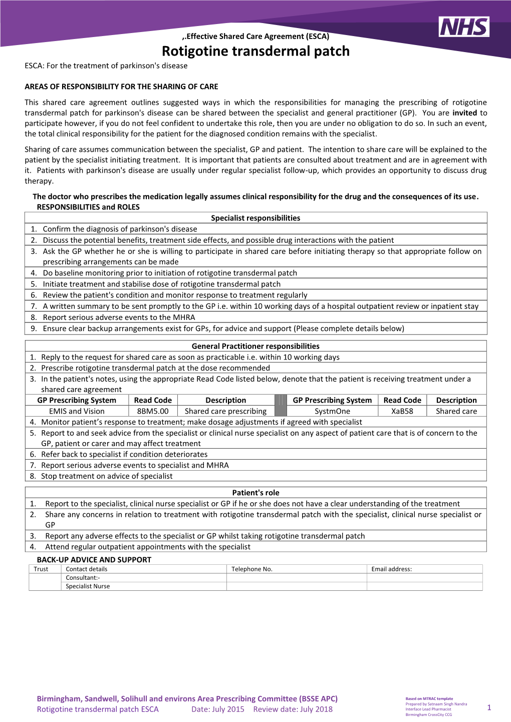 Rotigotine Transdermal Patch ESCA: for the Treatment of Parkinson's Disease