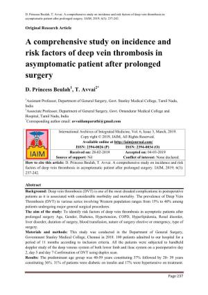 A Comprehensive Study on Incidence and Risk Factors of Deep Vein Thrombosis in Asymptomatic Patient After Prolonged Surgery