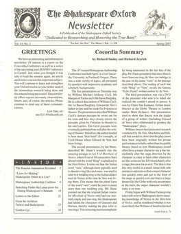 Newsletter a Publication of the Shakespeare Oxford Society "Dedicated to Researching and Honoring the True Bard"