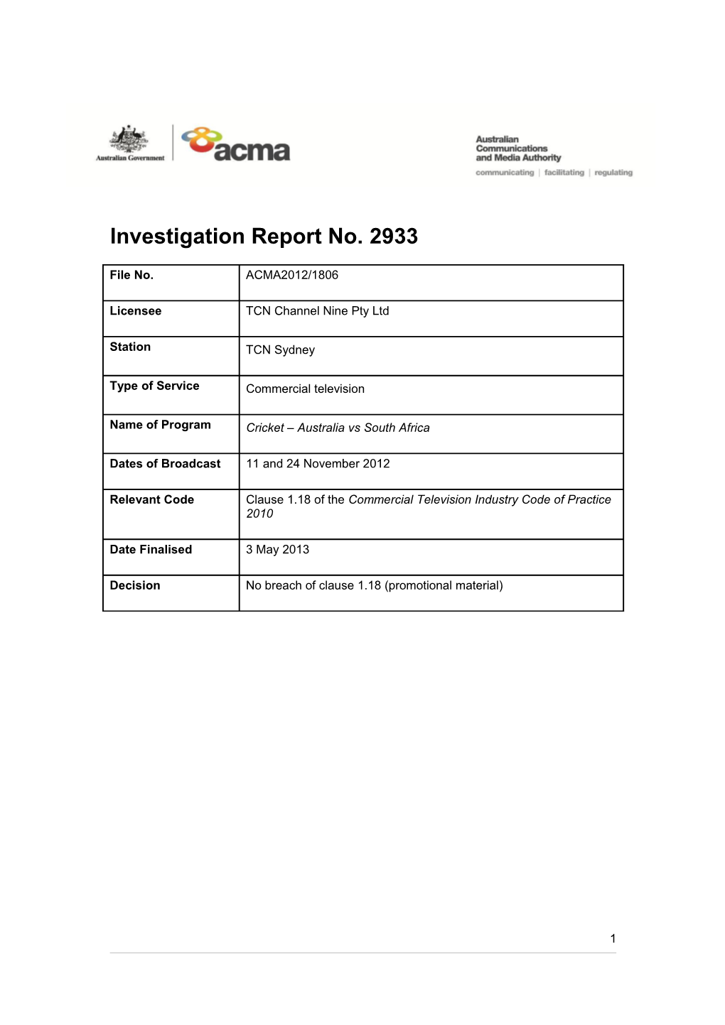 TCN Sydney - ACMA Investigation Report 2933