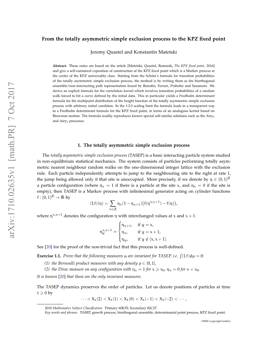 Arxiv:1710.02635V1 [Math.PR] 7 Oct 2017 Where H AE Yaispeevsteodro Atce.Ltu D Us Let Particles