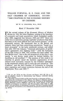 William Furmval, H. E. Falk and the Salt Chamber of Commerce, 1815-1889: "Ome Chapters in the Economic History of Cheshire