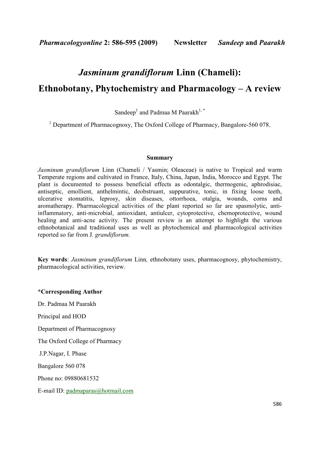 Jasminum Grandiflorum Linn (Chameli): Ethnobotany, Phytochemistry and Pharmacology – a Review