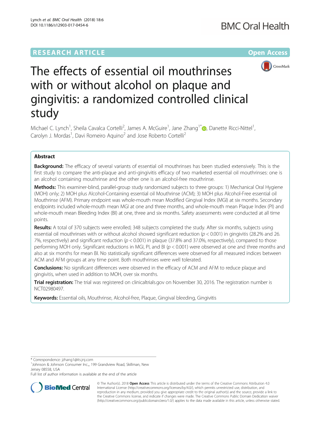 The Effects of Essential Oil Mouthrinses with Or Without Alcohol on Plaque and Gingivitis: a Randomized Controlled Clinical Study Michael C