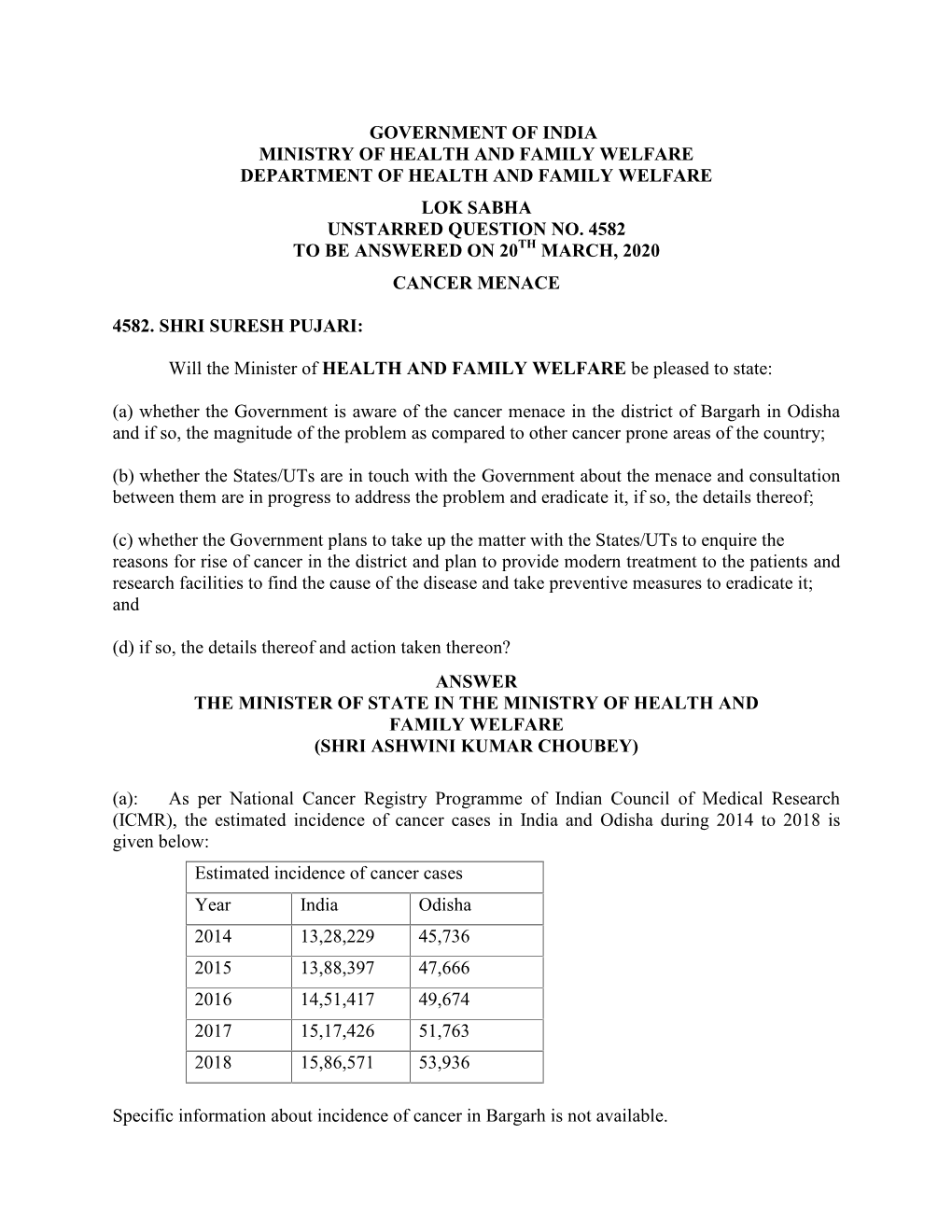 Government of India Ministry of Health and Family Welfare Department of Health and Family Welfare Lok Sabha Unstarred Question No