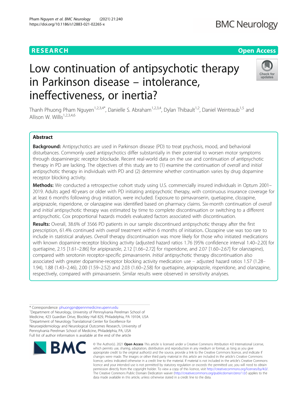 Low Continuation of Antipsychotic Therapy in Parkinson Disease ...