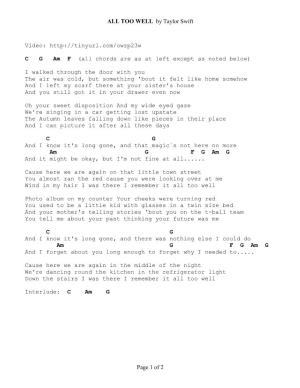 ALL TOO WELL by Taylor Swift Page 1 of 2 Video