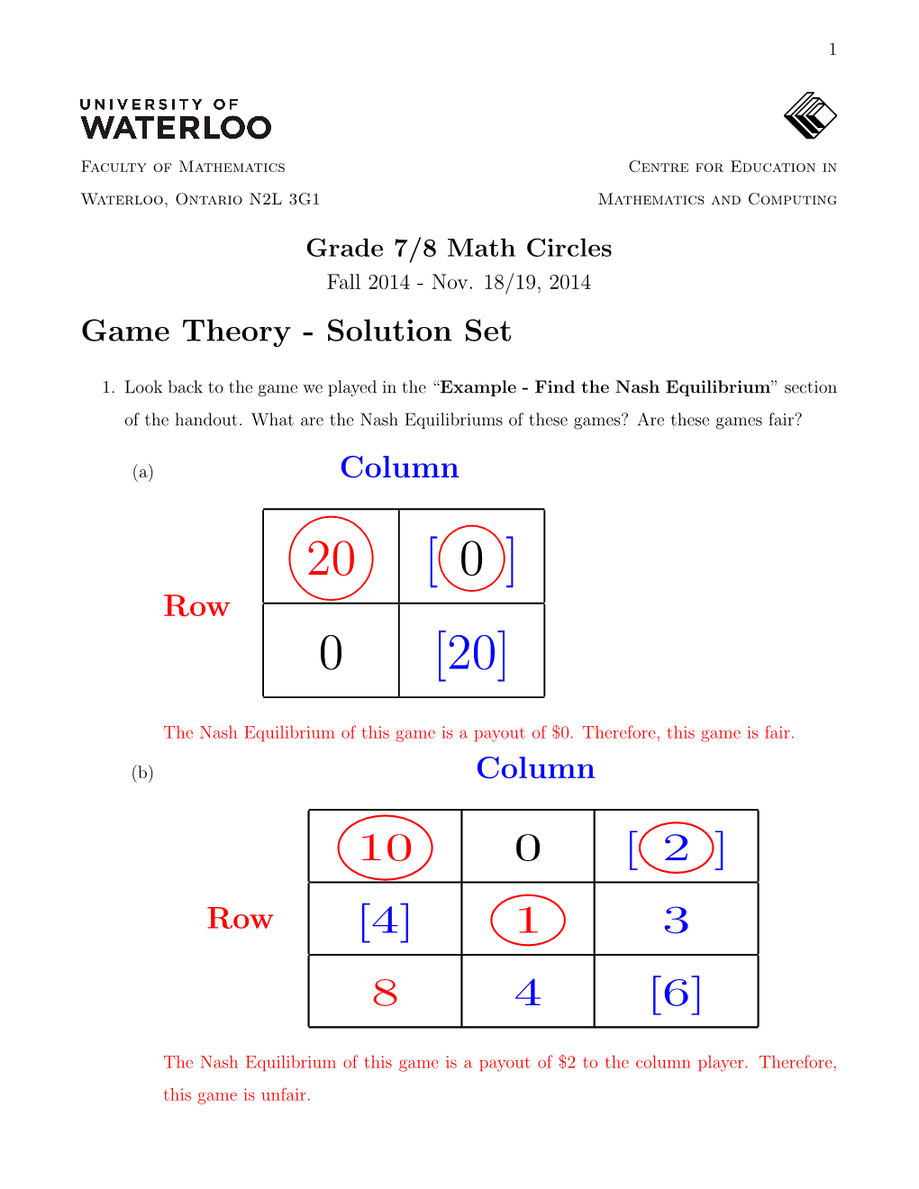 Game Theory - Solution Set