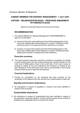 Divisions Affected: St Margaret's CABINET MEMBER for HIGHWAY MANAGEMENT– 1 JULY 2021 OXFORD – BELBROUGHTON ROAD – PROPOS