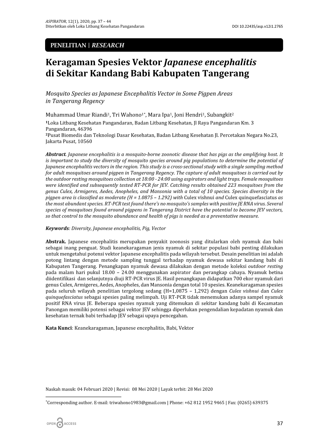 Keragaman Spesies Vektor Japanese Encephalitis Di Sekitar Kandang Babi Kabupaten Tangerang