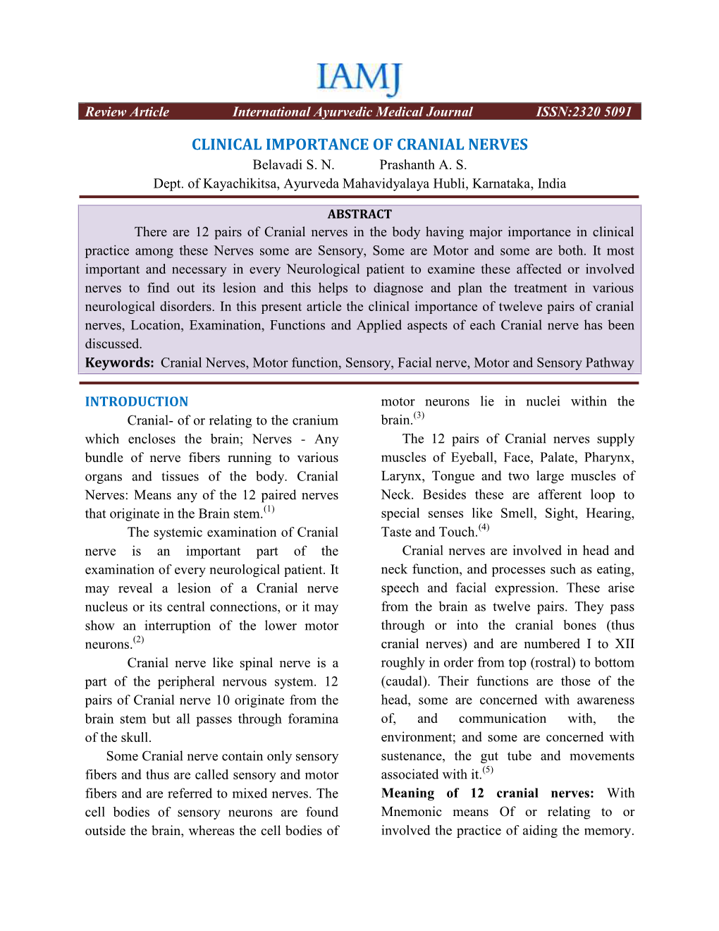 Belavadi & Prashanth: Clinical Importance of Cranial Nerves