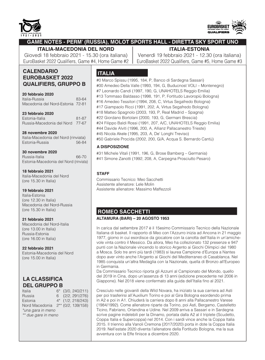 Game Notes Italia-Macedonia Del Nord E Italia-Estonia