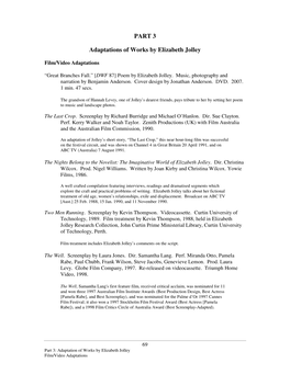 PART 3 Adaptations of Works by Elizabeth Jolley