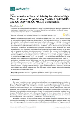 Determination of Selected Priority Pesticides in High Water Fruits and Vegetables by Modiﬁed Quechers and GC-ECD with GC-MS/MS Conﬁrmation