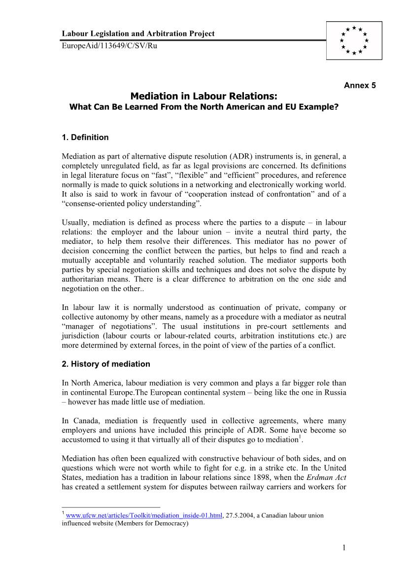 Mediation in Labour Relations: What Can Be Learned from the North American and EU Example?