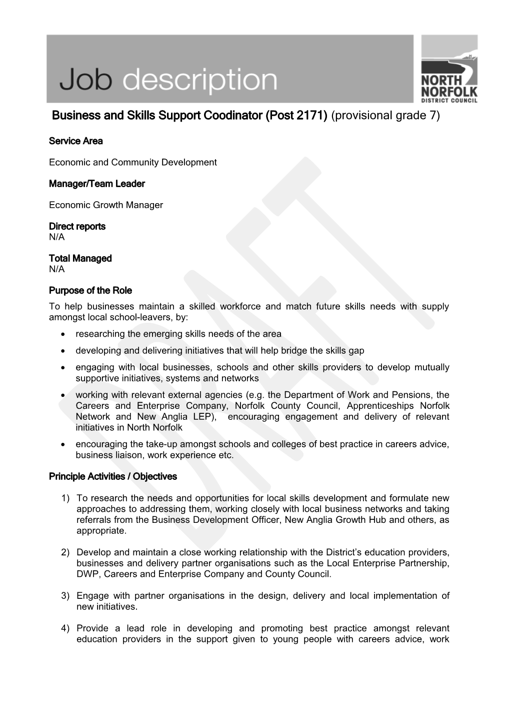 Business and Skills Support Coodinator (Post 2171) (Provisional Grade 7)
