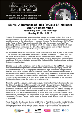 Shiraz: a Romance of India (1928) a BFI National Archive Restoration Performing Live: John Sweeney Sunday 25 March 2018