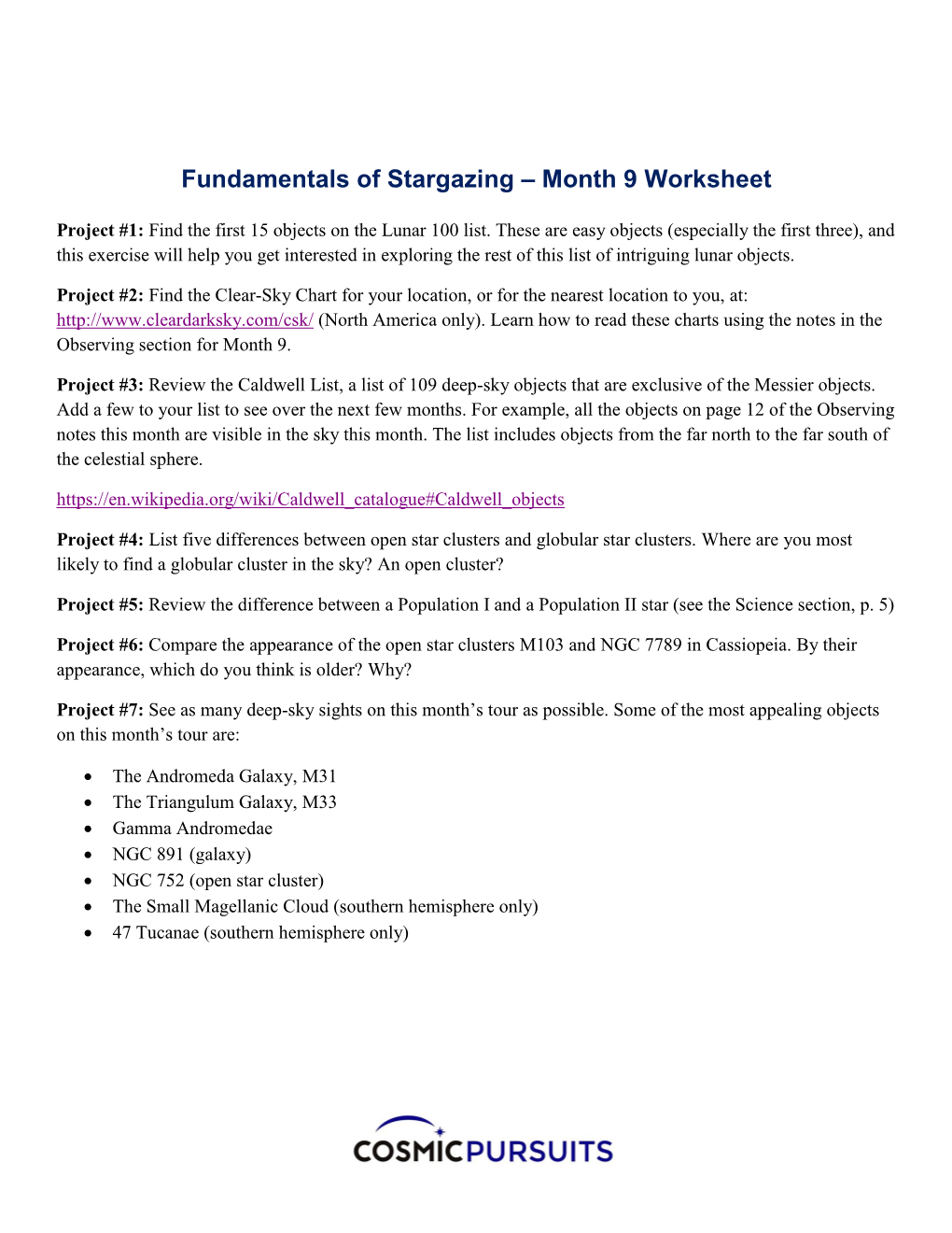 Fundamentals of Stargazing – Month 9 Worksheet