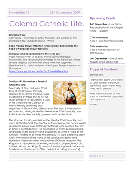 Coloma Catholic Life. Reconciliation in the Chapel 12:20 – 12:50Pm Liturgical Year 34Th Week – the Feast of Christ the King